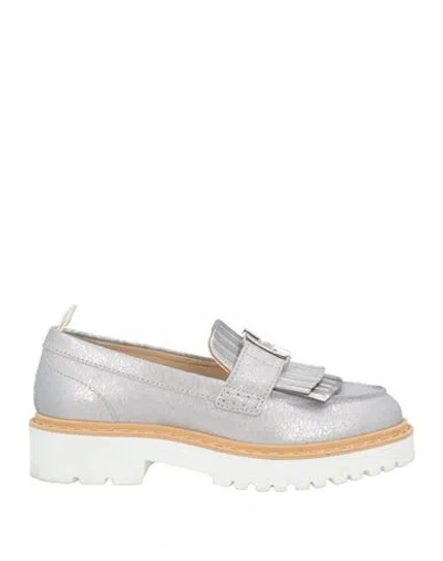 Hogan Woman Loafers Silver Size 6.5 Leather In Blue