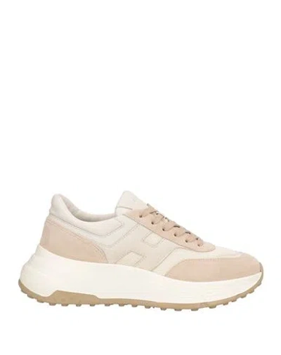 HOGAN HOGAN WOMAN SNEAKERS BEIGE SIZE 11 LEATHER, TEXTILE FIBERS