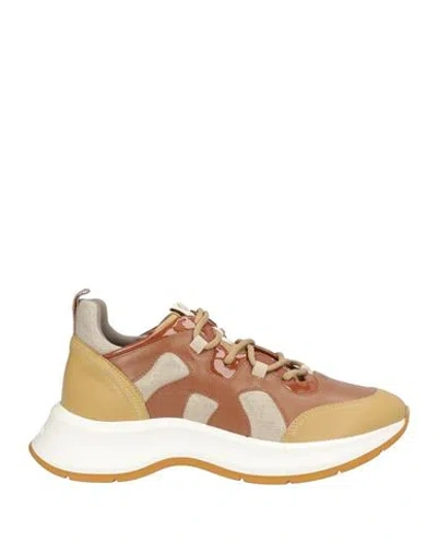 Hogan Woman Sneakers Brown Size 8 Leather, Textile Fibers