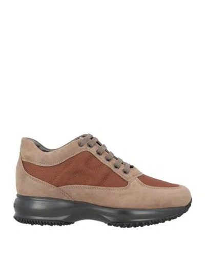 Hogan Woman Sneakers Camel Size 7 Leather, Textile Fibers In Beige