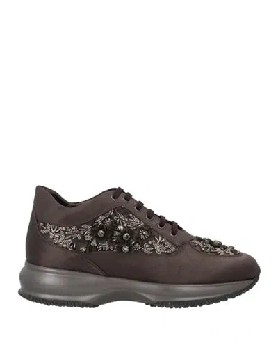 Hogan Woman Sneakers Dark Brown Size 6.5 Textile Fibers, Leather