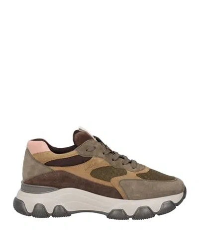 HOGAN HOGAN WOMAN SNEAKERS KHAKI SIZE 11.5 LEATHER, TEXTILE FIBERS