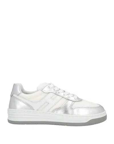 HOGAN HOGAN WOMAN SNEAKERS SILVER SIZE 7 LEATHER, TEXTILE FIBERS