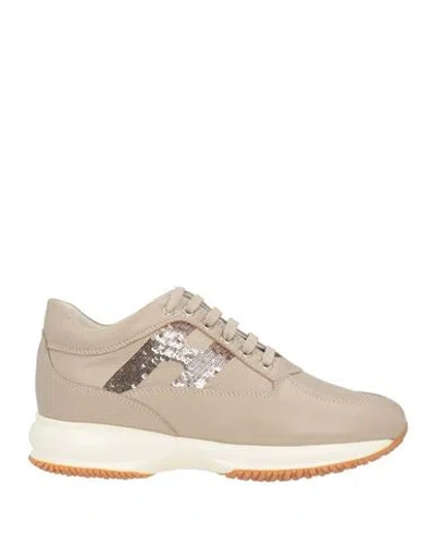 Hogan Woman Sneakers Taupe Size 7.5 Leather In Gray