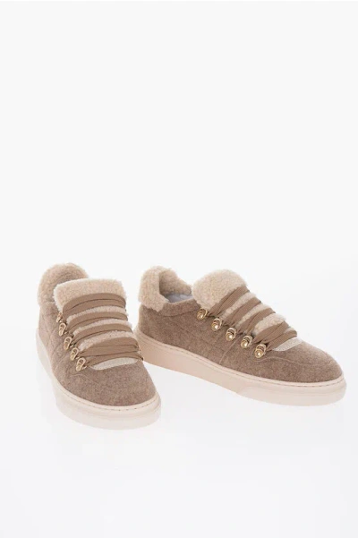 Hogan Wool Sneakers With Shearling Inserts In Brown