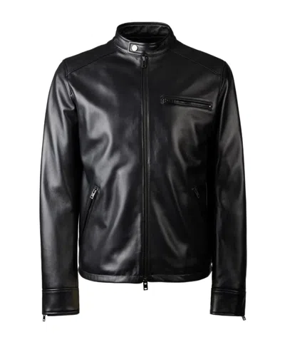 Hogan Zip-up Leather Biker Jacket In Black