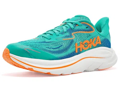 Hoka Clifton 10 (big Kid) Kids Shoes Night Glow Blue/electric Aqua: 5.5 Big Kid M In Green