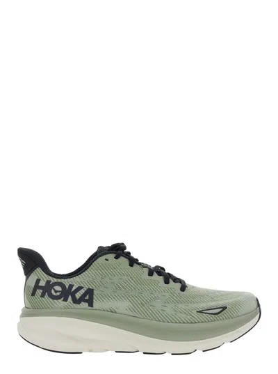 Hoka Clifton 9 Green Sneakers With Zig Zag Embroidery And Side Logo Print In Rubber Unisex