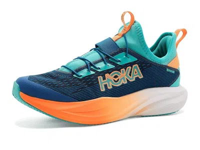 Hoka Mach 7 (little Kid) Kids Shoes Night Glow Blue/neon Tangerine: 1.5 Little Kid M In Multi