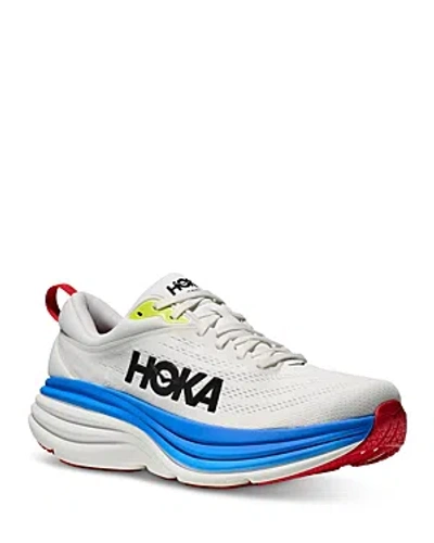 Hoka Men's Bondi 8 Lace Up Running Sneakers In Blanc De Blanc/virtual Blue