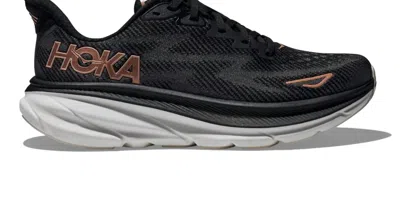 Hoka Women's Clifton 9 Running Shoes - Wide In Black/rose Gold In Multi