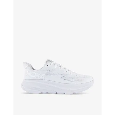 HOKA WOMENS WHITE WHITE F CLIFTON 9 BRAND-PRINT WOVEN LOW-TOP TRAINERS EUR 40 / 7 UK