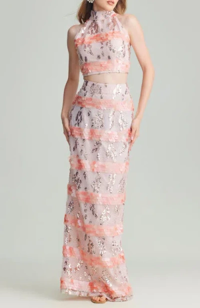 Holichic Saana Sequin & Paillette Embellished Crop Top & Skirt Set In Pink