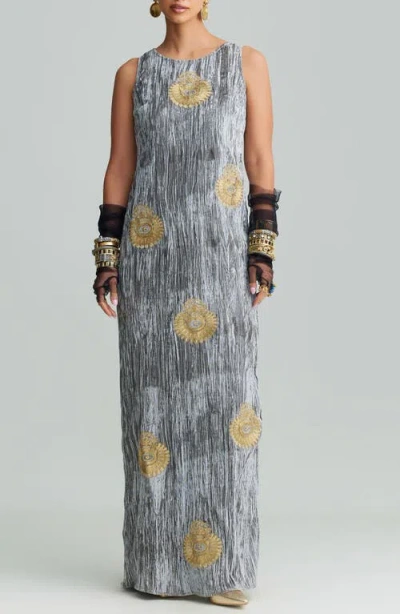 Holichic Syra Metallic Embroidery Crushed Velvet Maxi Dress In Gray