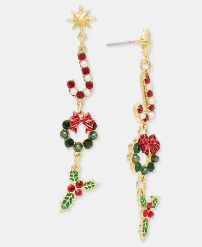 Holiday Lane Crystal & Imitation Pearl Candy Cane Linear Drop Earrings, Macy's Exclusive In Multi