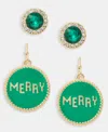 Holiday Lane Gold-tone 2-pc. Set Green Merry Stud & Drop Earrings In Green