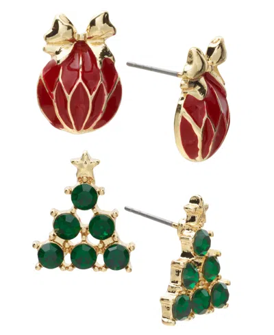 Holiday Lane Gold-tone 2-pc. Set Red Ornament & Green Pave Tree Stud Earrings, Created For Macy's In Multi
