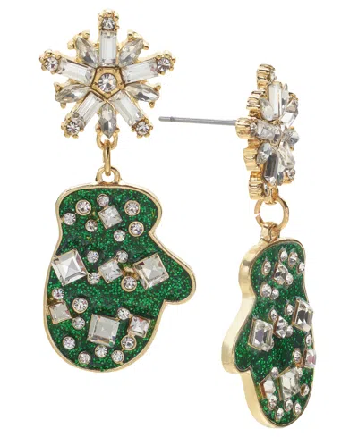 Holiday Lane Gold-tone Crystal Snowflake & Glitter Mitt Drop Earrings, Created For Macy's In Multi