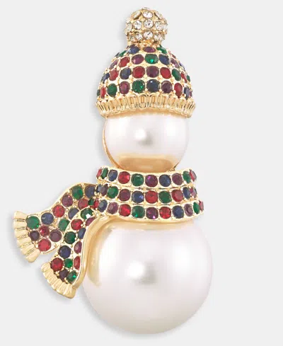 Holiday Lane Gold-tone Imitation Pearl Snowman Multicolor Crystal Pin