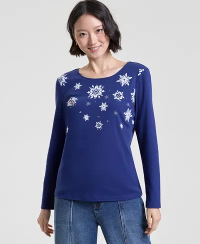Holiday Lane Petite Falling Snowflake Long-sleeve Tee, Macy's Exclusive In Blue