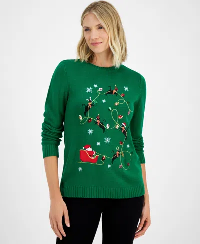 Holiday Lane Petite Kitten Sleigh Graphic Sweater, Created For Macy's In Green