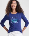 Holiday Lane Petite Menorah Long-sleeve Tee, Macy's Exclusive In Blue