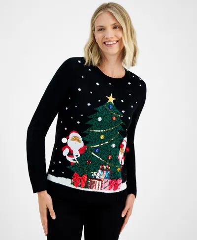 Holiday Lane Petite Mr. & Mrs. Claus Crewneck Sweater, Created For Macy's In Deep Black