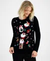 Holiday Lane Petite Santa Surprise Crewneck Sweater, Created For Macy's In Deep Black