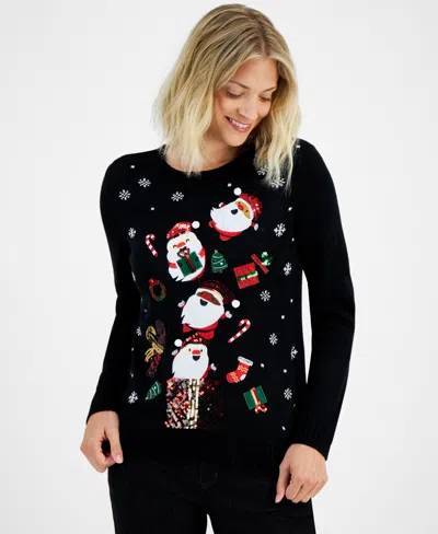 Holiday Lane Petite Santa Surprise Crewneck Sweater, Created For Macy's In Deep Black