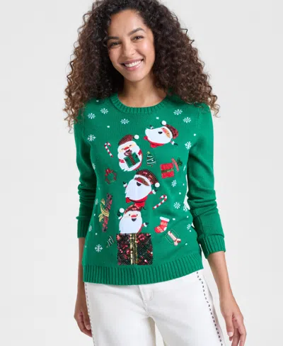 Holiday Lane Petite Santa Surprise Crewneck Sweater, Created For Macy's In Green