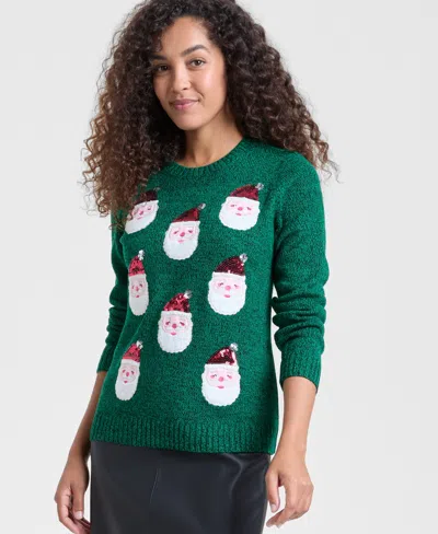 Holiday Lane Petite Smiling Santas Sweater, Macy's Exclusive In Green