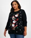 Holiday Lane Plus Santa Embellished Crewneck Sweater, Created For Macy's In Deep Black