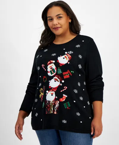 Holiday Lane Plus Santa Embellished Crewneck Sweater, Created For Macy's In Deep Black