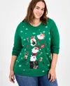Holiday Lane Plus Santa Embellished Crewneck Sweater, Created For Macy's In Green