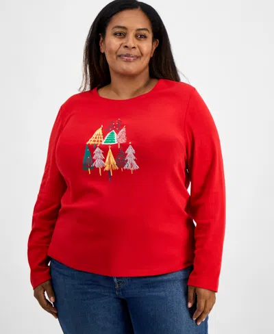 Holiday Lane Plus Size Festive Tree Long-sleeve T-shirt, Macy's Exclusive In Red