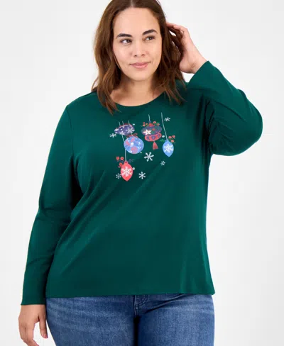 Holiday Lane Plus Size Ornament Print Long-sleeve T-shirt, Macy's Exclusive In Green