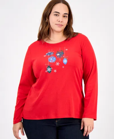 Holiday Lane Plus Size Ornament Print Long-sleeve T-shirt, Macy's Exclusive In Red