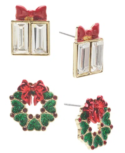 Holiday Lane Presents & Wreaths Crystal Stud Earrings Set, Created For Macy's In Multi