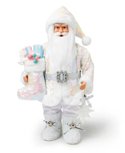 HOLIDAY LANE SUGAR PLUM 18" STANDING CAUCASIAN SANTA IN BLUE & PINK HOLDING STOCKING & BEAR