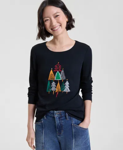 Holiday Lane Women's Festive Trees Long-sleeve Top, Macy's Exclusive In Black