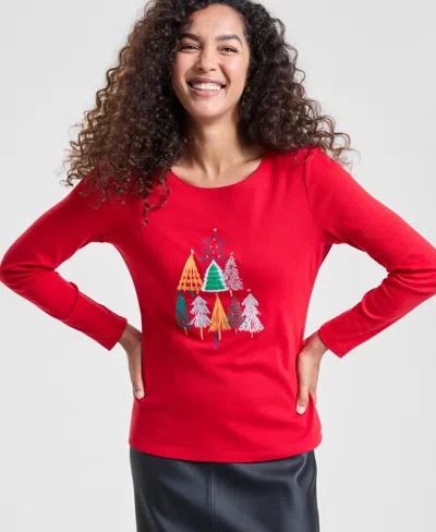 Holiday Lane Women's Festive Trees Long-sleeve Top, Macy's Exclusive In Red