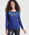 Holiday Lane Women's Holiday Cardinal Long-sleeve Top, Macy's Exclusive In Blue