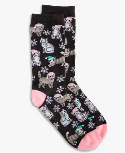 Holiday Lane Women's Holiday Crew Socks, Created For Macy's In Xmas Cats - Black