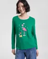 Holiday Lane Women's Holiday Flamingo Long-sleeve Top, Macy's Exclusive In Green