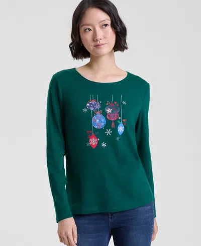 Holiday Lane Women's Ornaments Long-sleeve Top, Macy's Exclusive In Green