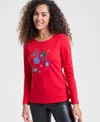 Holiday Lane Women's Ornaments Long-sleeve Top, Macy's Exclusive In Red