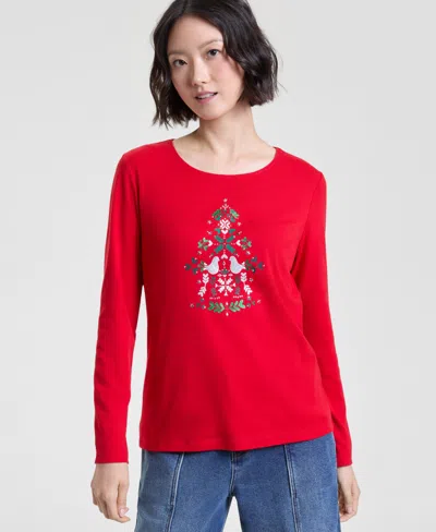 Holiday Lane Women's Scandi Tree Graphic Top, Macy's Exclusive In Red