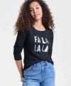 Holiday Lane Womens Fa La La Graphic Top Pxs 4x Macys Exclusive In Black
