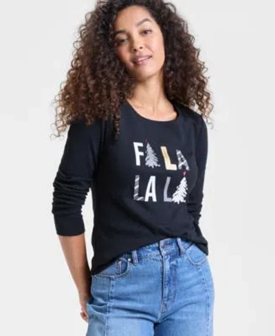 Holiday Lane Womens Fa La La Graphic Top Pxs 4x Macys Exclusive In Black