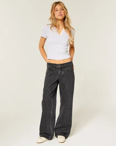 Hollister Andi Adjustable Waist Low-rise Washed Black Polka Dot Waist Baggy Jeans